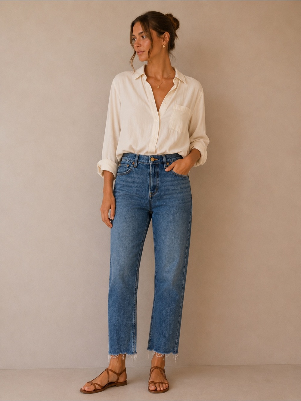 J. Crew Essentials High-Rise Straight Leg Jeans in Blue Wash Raw Hem Size 29